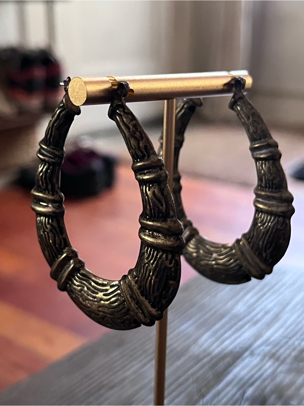 Bamboo Textured Hoop Earrings - Gold Bronze